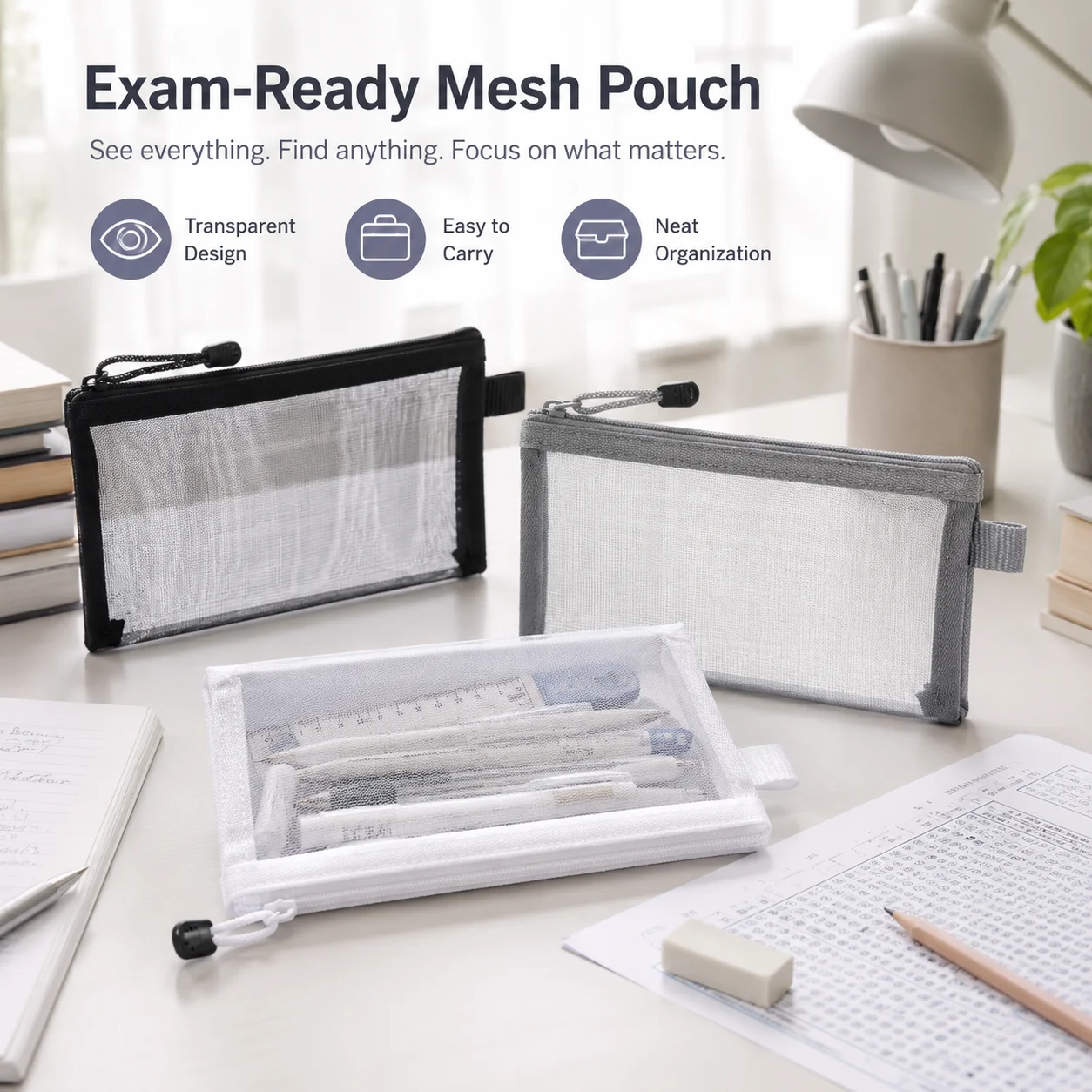 Clear Mesh Pencil Pouch For Exam - Transparentes Netz-Federmäppchen, durchsichtige Stifttasche mit Reißverschluss,