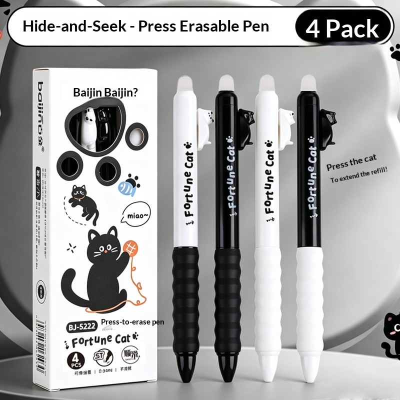 Retractable Eraser Pen Click - 4 Stück Niedliche Katzen-Gelstifte, löschbar, 0,5